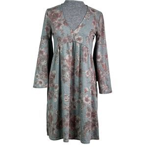 Babydoll Dress Deep V-Neck Bell Sleeves Uncle Frank Dusty Gray Floral Print XS